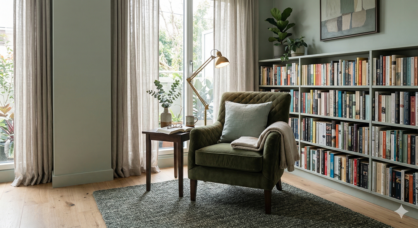 例如：以淺豆沙綠鋪陳牆面，搭配深橄欖綠的單椅，再點綴帶有灰調的青瓷綠抱枕。