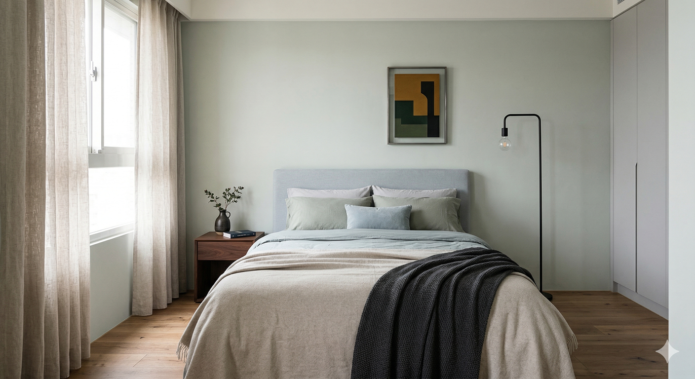 例如在淺豆沙綠的空間基調中，加入一盞造型簡練的黑色金屬立燈，或擺放一張深胡桃木色的小邊几。