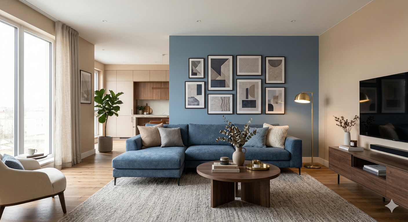 客廳：以「霧霾藍」與「奶茶色」共構大器格局