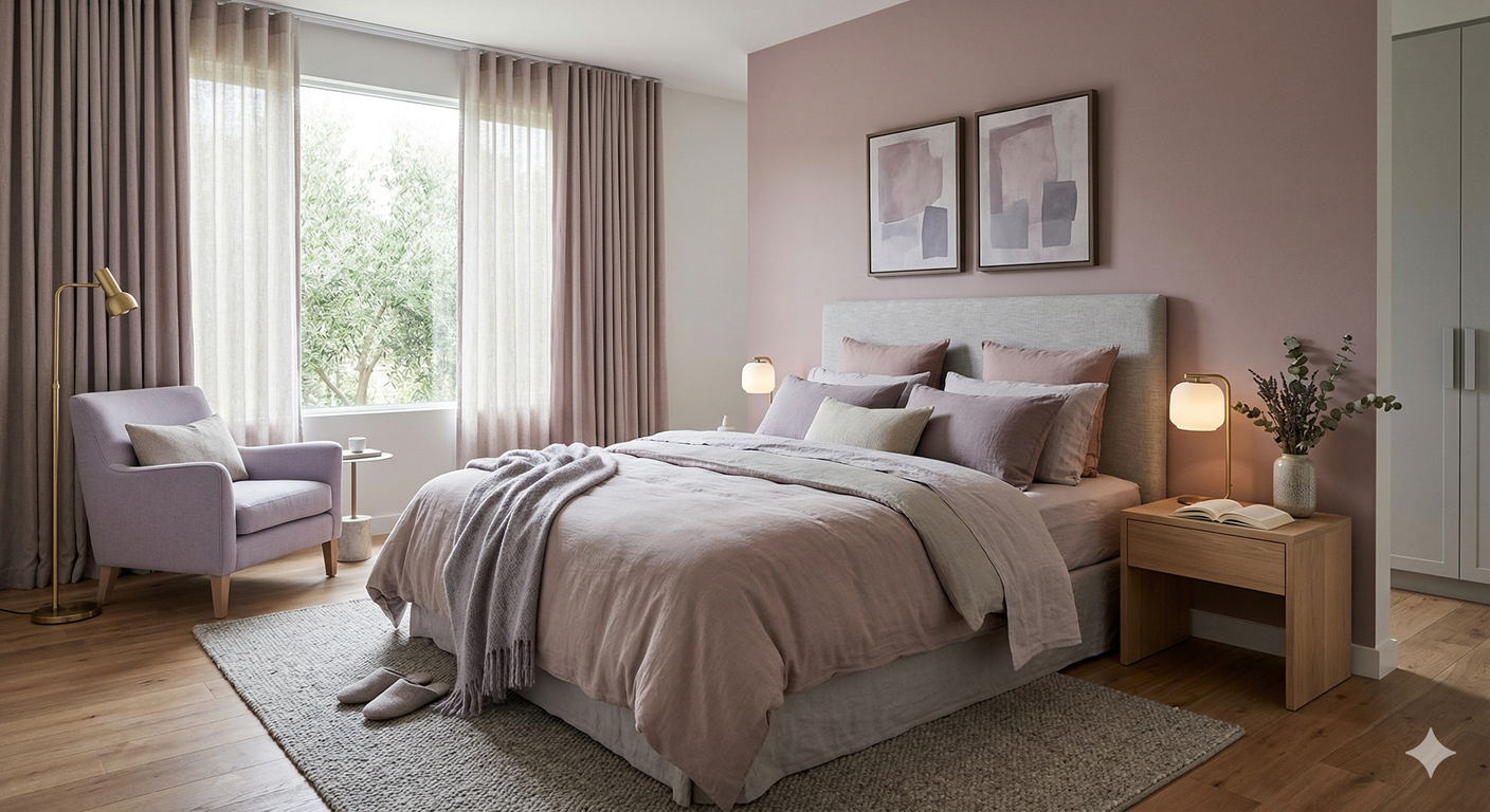 臥室：以「乾燥玫瑰」或「薰衣草紫」守護深層睡眠