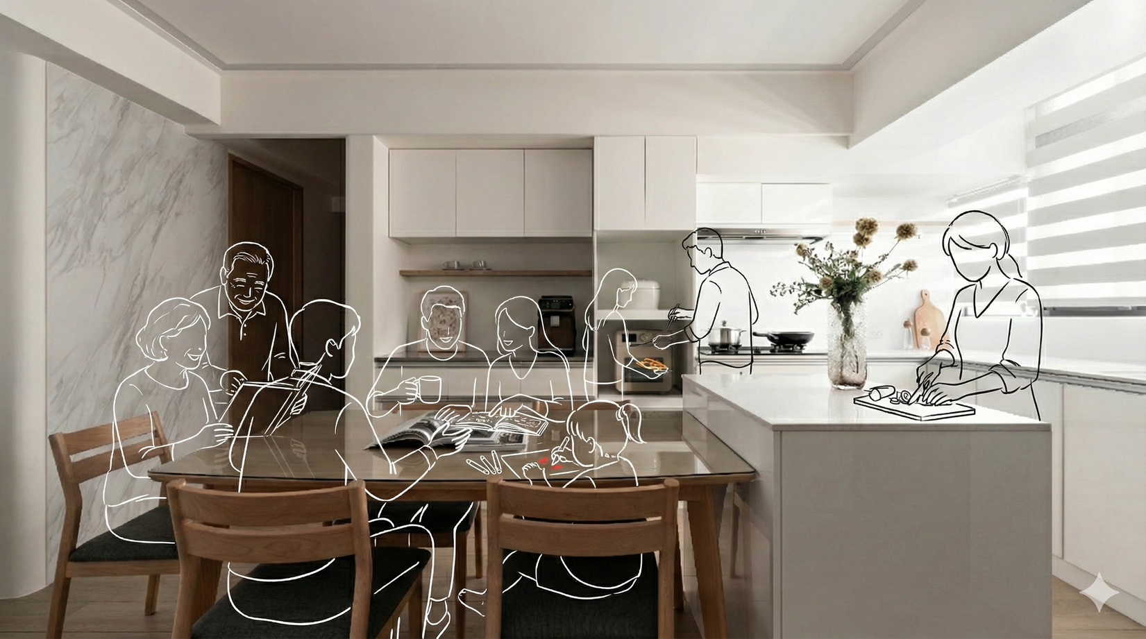 考量長輩居住於同一社區，為因應家庭聚餐需求，設計上將廚房與餐廳整合為寬敞開放空間，並延伸餐桌配置，有效滿足三代同堂聚餐，促進家人間的交流與情感凝聚。