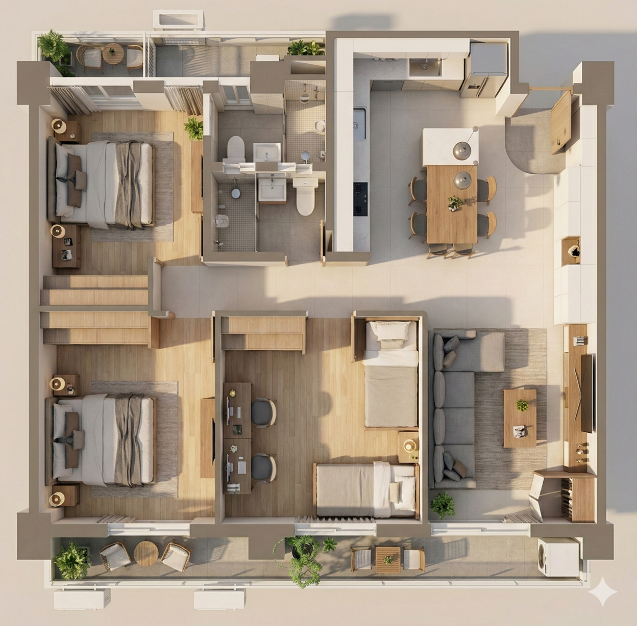 本案例針對兩戶各為三人小家庭的姊妹設計，在三房格局下將臥室A與臥室B平均分配予兩個家庭使用。由於子女皆處於幼兒園階段，現階段將預定作為兒童房的空間靈活規劃為多功能室或遊戲區，並預留未來彈性調整的可能性。待子女升上小學後，再依實際需求重新配置為兩間兒童房，滿足成長過程中的不同生活需求。