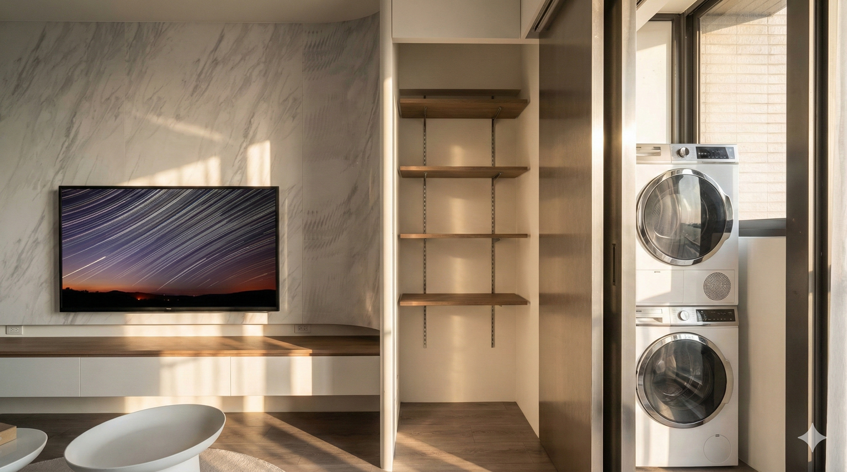 電視牆右側巧妙設置隱藏式儲藏間，藉由內凹圓弧設計弱化量體存在感，兼具美觀與實用性，並提供充足空間收納大型家電如電風扇、除濕機及吸塵器。