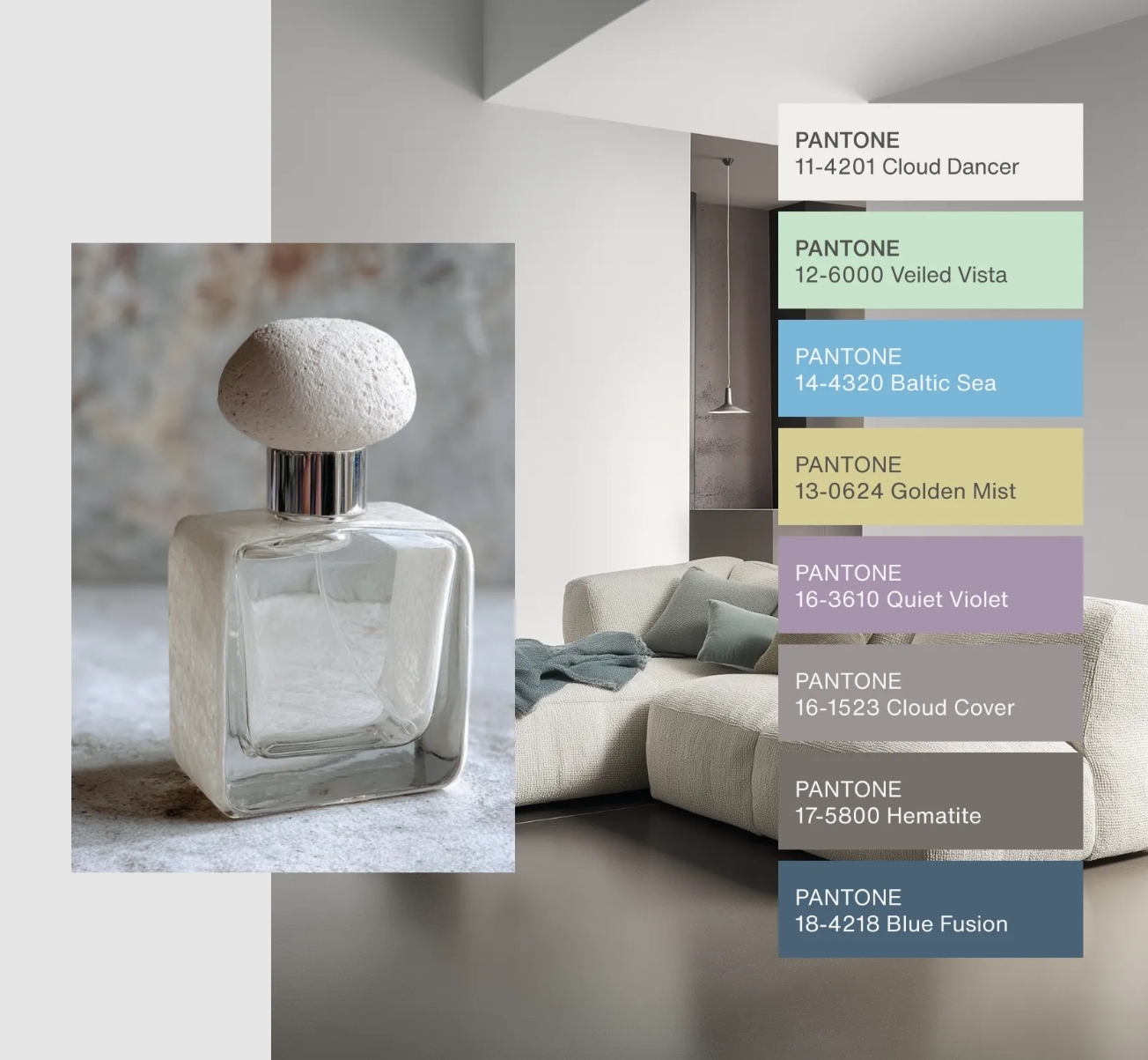 Cloud Dancer(雲上舞白)優雅融入柔和色調的朦朧配色,最終消散於陰影色調之中,形成輕鬆自然的色彩對比。