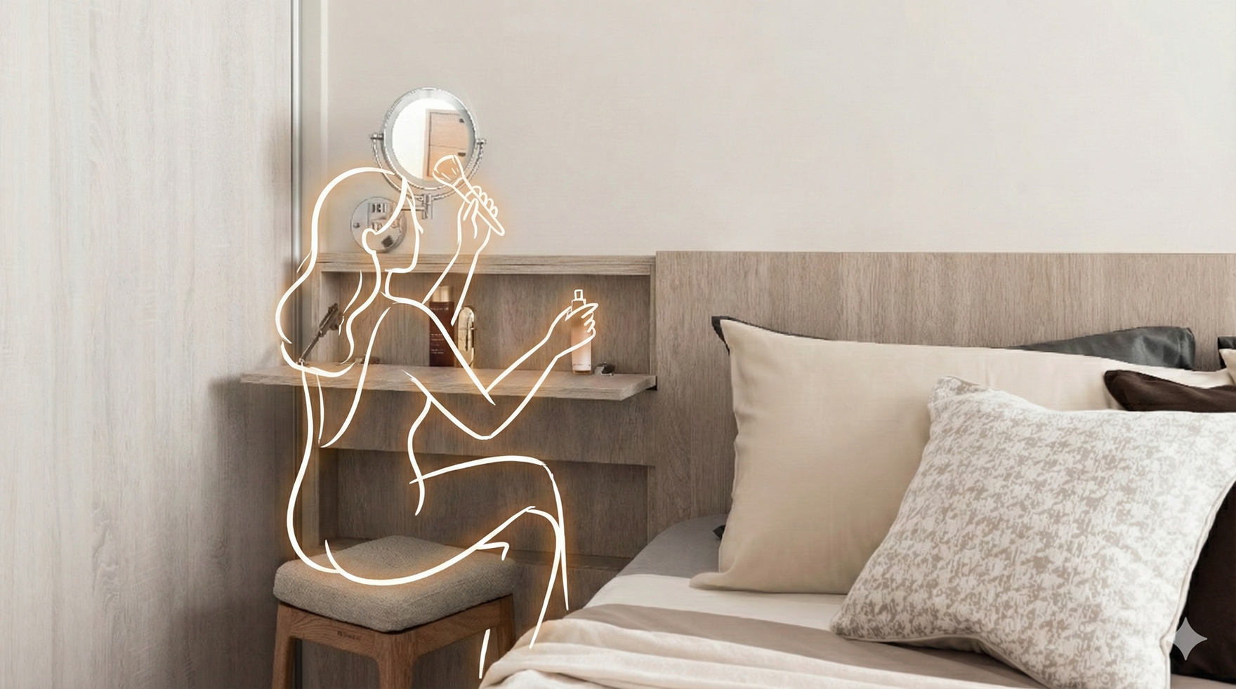 床頭板不僅具備收納功能，其下掀設計可迅速轉換為梳妝台，內部空間適合擺放保養用品，並搭配可收折式帶光圓鏡，方便日常護理作業。