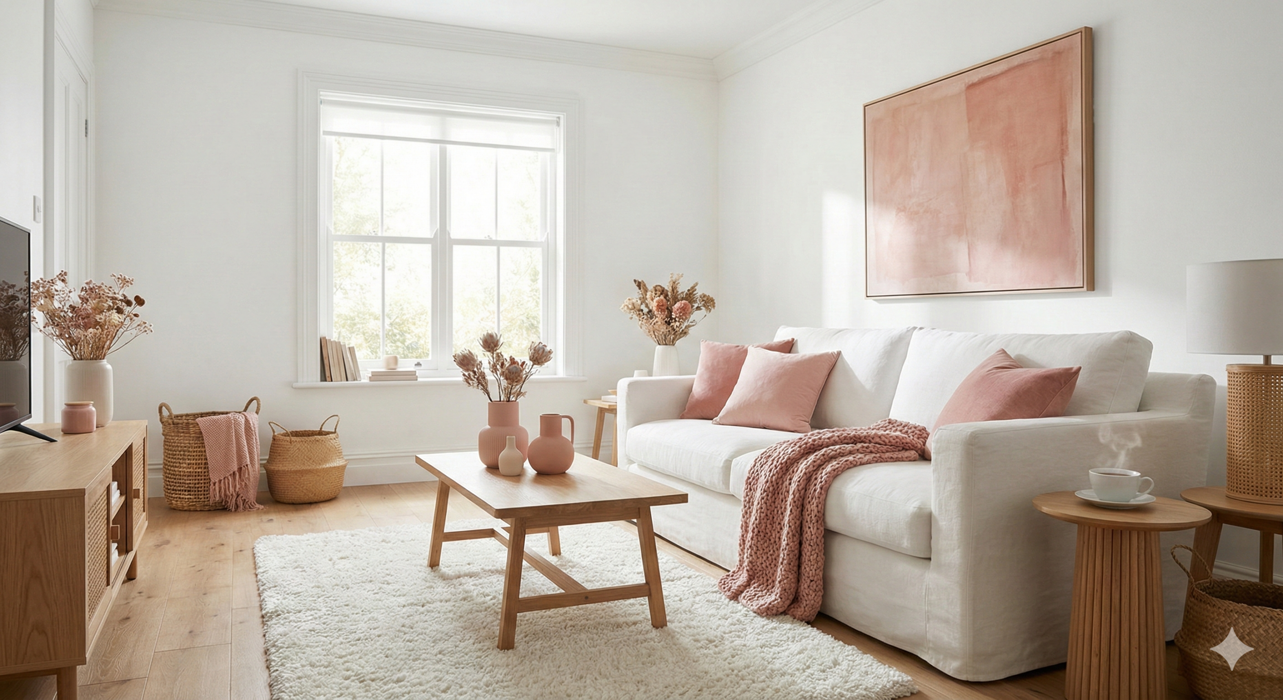 1. 如果你想要放鬆感: 選擇 PANTONE 的白 作為基調,局部點綴 JAFCA 的暖心粉,這能讓家裡看起來既乾淨又溫馨。