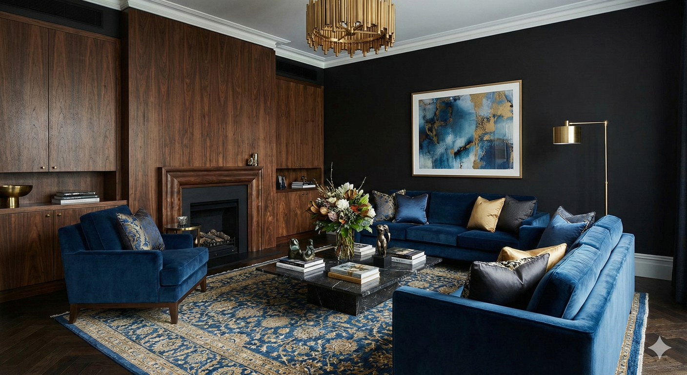 嘗試 Benjamin Moore 的 Silhouette 搭配 得利的藍調Rhythm of Blues,透過異材質的堆疊(如天鵝絨、深色木皮),空間的層次會變得非常驚人。