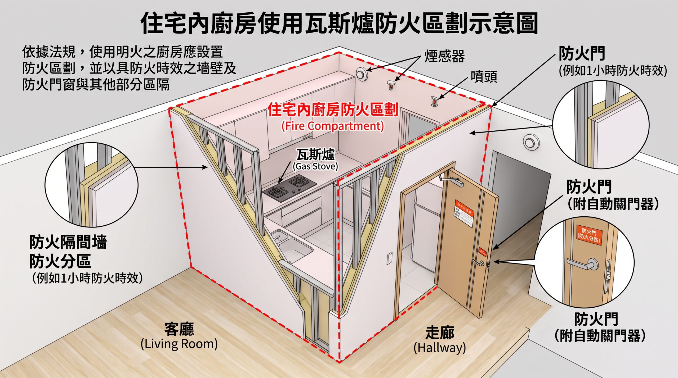 高層建築物使用燃氣設備時，廚房需要防火區劃