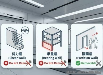 改裝開放式廚房需注意結構安全，絕對不可拆除承重牆/剪力牆